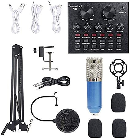HMTE Multi-Functional Live Sound Card+Microphone Kit Suspension Transmission Recording Condenser Microphone Set Vocal Microphones (Blue+silver)