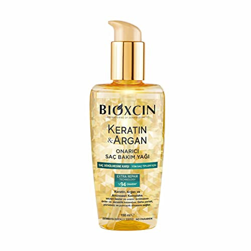 Bioxcin Keratin & Argan - Olio riparante per capelli 150 ml, cura efficace in profondità per capelli danneggiati, con effetto anti-crespe, per tutti i tipi di capelli