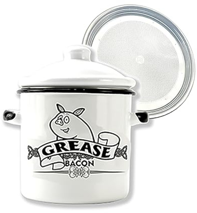 Roadmap Rustic Farmhouse Grease Keeper - 46oz Bacon Grease Container with Strainer & Lid, Grease Saver Jar for Kitchen