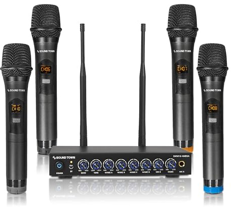 Sound Town 200 Channels Wireless Microphone Karaoke Mixer System, with 4 Metal Handheld Microphones, Optical (Toslink), AUX, for Smart TV, Home Theater, Sound Bar (SWM16-4MEGA)