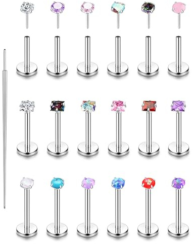 Chriscoco 18PCS Surgical Steel Threadless Nose Studs for Women Men 18G Labret Lip Rings CZ Opal Push in Earrings Flat Back Nose Stud Cartilage Nostril Conch Helix Tragus Piercing Jewelry