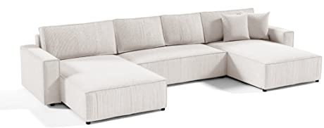 PAMIR24 Ecksofa 344x140cm U-Form Schlafsofa und Bettkasten Cord-Stoff POSO (Hellbeige)
