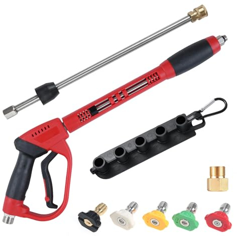 Fesjoy högtryckstvättspistol, 5000 PSI, kraftfull tvättpistol, 100 cm längd, 1/4 tum snabbanslutning med M22-vattenslangkontakt, 5 färgade munstycksspetsar 0, 15, 25, 40, tvålläge,