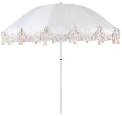 XUQQU 2.20m/7.21ft Kippbarer Sonnenschirm, Weißer Quasten-Gartenschirm, Terrassenschirm Im Freien Marktschirm Mit Neigefunktion, Sonnenschutz, Ohne Sockel