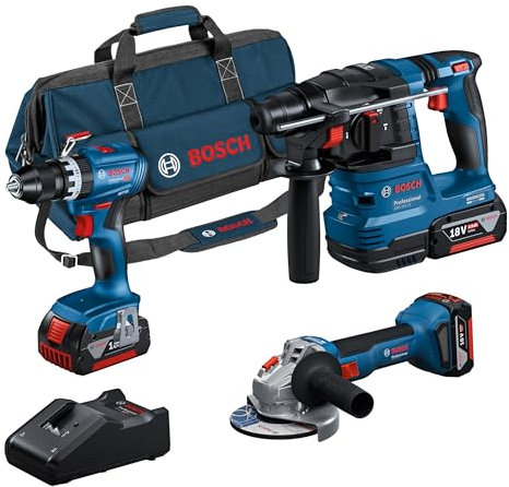 Bosch Professional 18V System Combo-Kit: GSB 18V-45 + GBH 18V-22 + GWS 18V-8 (incl. 3 GBA 4,0 Ah, GAL 18V-40, Maletín - Amazon Exclusive