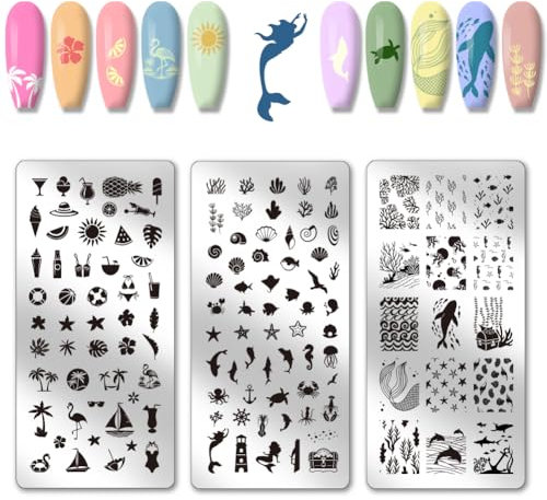 PH PandaHall 3 placas de estampado de uñas de océano de verano, plantillas de arte de animales marinos, océano, mar, playa