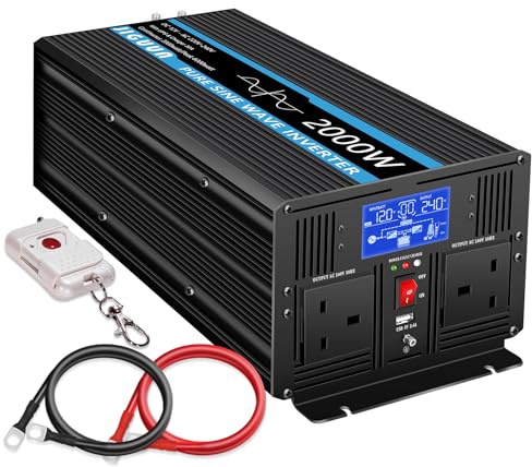 JIGUUN 2000W Inverter 12V 240V Pure Sine Wave with 30A Charger and Mains Priority and UPS Function, 2 UK Sockets, Wireless Remote Control and LCD Display Peak Power 4000W