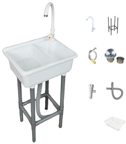 Lavandino del Bagno Bianco, Lavabo del Bagno, Lavatoio in Resina per WC Bagno Lavanderia Garage Uso Comune 43x32x83 cm / 17x12x33 Pollici C Rubinetto di plastica