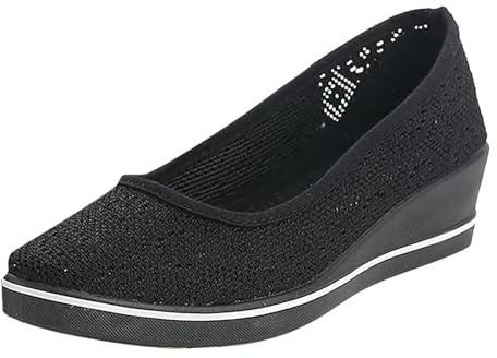 MODSGUE Bailarinas de mujer Negro Blanco Slip On Encaje Bailarina Zapatos Primavera Verano Cómodo Tela Descalza Plataforma Cuña Zapatos de Cuña Suave Trabajo Básico Casual Zapatos, Negro , 40 EU