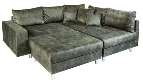 Riess Ambiente Moderne Wohnlandschaft Kent - 220cm - moosgrün - Microvelours - Ecksofa Federkern inkl. Hocker & Kissen Couch L-Form Ottomane