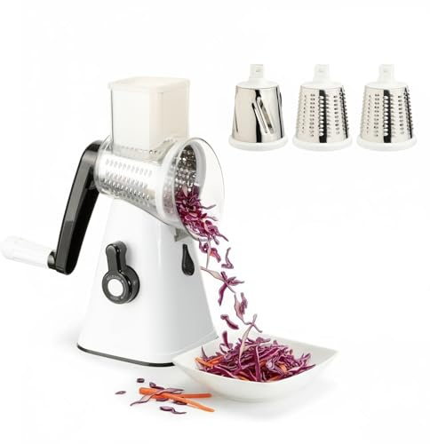 VIANTO Râpe Légumes Multifonction avec Poignée Tournante, Lames Inox 430, 3 Lames Interchangeables (Râper/Trancher/Hacher), Base Ventouse & Nettoyage Facile - Sans BPA, ABS Alimentaire