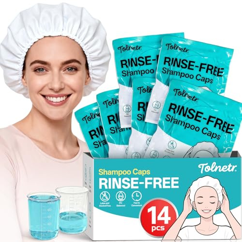 14 Pack Shampoo Caps No Need Rinse,Shampoo Caps for Bedridden Patients Elderly with 2 Cups,Fresh-Lather Rinse Free Hair Washing Caps for Hospital,Post-Surgery,Camping,Travel-Light,Need 130ML Water