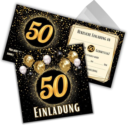 JOCERO Einladungskarten 50. Geburtstag – 12 Stück mit Umschlägen – Quadratisch 12x12 cm – Einladungen zum 50. Geburtstag für Männer & Frauen