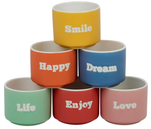 URBN-CHEF Lot de 6 mini tasses à café expresso en porcelaine de couleurs assorties – Petites tasses de 60 ml et grandes tasses de 180 ml avec mots positifs, passent au lave-vaisselle, au micro-ondes
