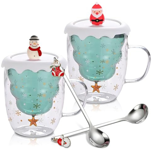 2 Stück Weihnachtstasse, 300ml Weihnachten Doppelwandige Gläser mit 2 Löffel und Abdeckung Weihnachtstassen mit Schneemann Weihnachtsmann Tasse Weihnachten für Cappuccino, Latte Macchiato,Tee, Milch