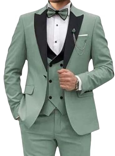Completo da Uomo in Velluto da 3 Pezzi, vestibilità Slim, con Revers a Lancia, Un Bottone, Smoking, Giacca, Gilet, Pantaloni, Set Completo, Verde Chiaro, Taglia 4XL