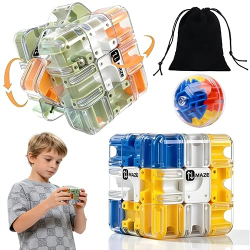2 Stück 3D Labyrinth Würfel Komplexes Puzzle mit 1 Labyrinthkugel, 2-in-1 Zauberwürfel Spielzeug mit Rollenden Kugeln Logik- und Konzentrationsspielzeug für Kinder & Erwachsene, Lernspielzeug Geschenk