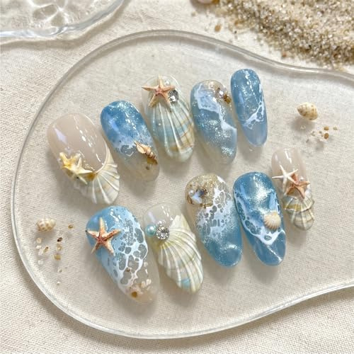 Tastetreasure 30 Stück Press on Nails Blaues Strand Meer-Design, Künstliche Fingernägel mit 3D Muschel Sternfisch & Strasssteinen, Sommer Urlaub Nägel Set mit Klebepads