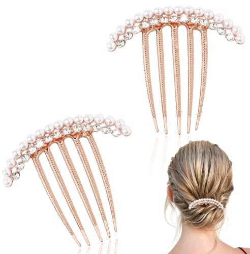 2 Peignes à Cheveux avec Perles et Strass, Accessoire Cheveux Mariage Or-rose Décoratif pour Femme et Fille, Vintage Bijou Cheveux à 5 Dents pour Mariée