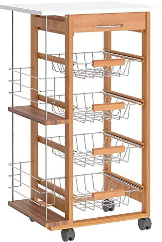 HOMCOM Rolling Kitchen Cart, Utility Storage Cart with 4 Basket Drawers & Side Racks, Wheels for Dining Room, Brown
