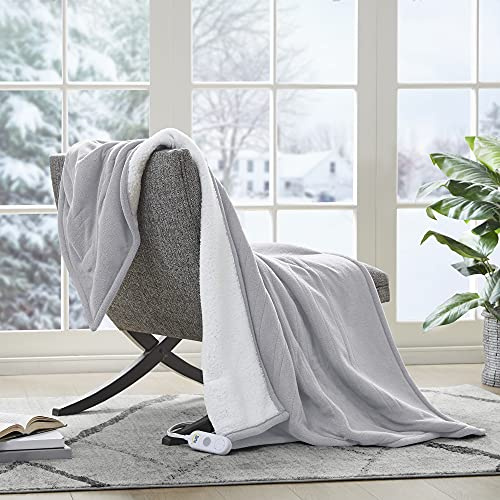 Serta Heated Throw Blanket - Reversible Fleece to Sherpa Electric Blanket, Fast Heating, Auto Shut Off Timer, Multi Heat Setting, ETL Certified, Machine Washable, Smoke Grey 50x 60