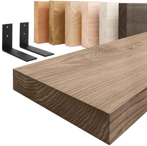 LAMO Manufaktur Holzregal mit schwarzen L-förmigen Halterungen | Wand Regal 160 cm breit für Badezimmer, Flur, Küche im Industrial-Stil | Farbe: Nussbaum, Kante: gerade | Massivholz, Vintage-Charakter