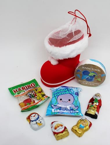 110601 Geschenk Set Nikolaus Stiefel 10cm für Kinder gefüllt mit Plüsch und magisches Handtuch