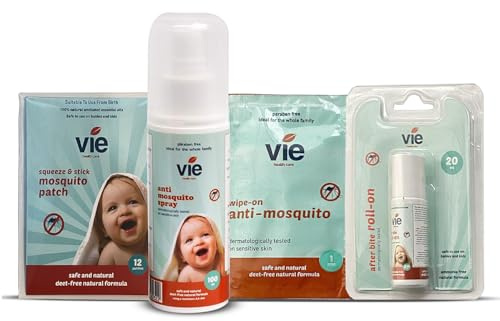 Vie Mosquito Essential Bundle Travel Kit Deet Free - Mosquito Spray, Squeeze and Stick Patches, 12 Wipes and After Bite Roll on