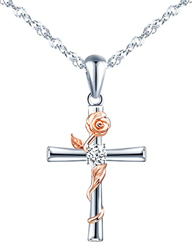 INFINIONLY Kreuz Halskette für Damen und Mädchen, 925 Silber Halskette, Silberne Kreuz Anhänger passt zum rose gold Blumen, Eingelegt Zirkon, Farbgalvanischer Prozess, Stilvoll und Elegant