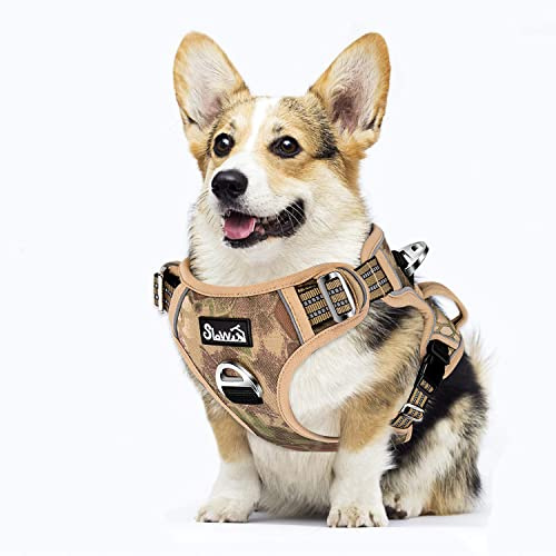 Eyein Hundegeschirr für Hunde mit 2 Clips und leicht zu bedienendem Griff | Anti Zug Brustgeschirr für mittelgroße Hunde, Verstellbare & reflektierende Geschirr für tägliches Training (Tarngelb, M)