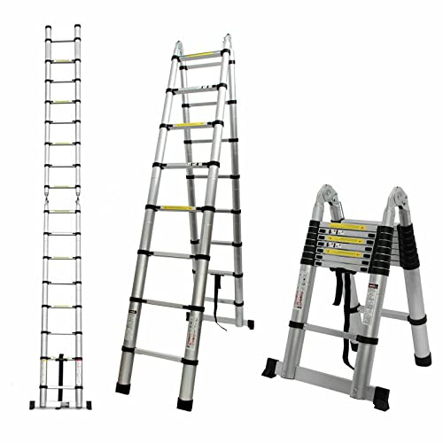 Échelle Télescopique Pliable en Aluminium de 1,9 m + 1,9 m, Escabeau Telescopique en Aluminium, Échelle Pliable Compacte antidérapante, Facile à Transporter, Charge maximale: 150 kg, EN131