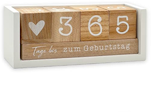 År nedräkningskalender kub i trä med temalist – permanent års bordskalender – lucklös dagräkning upp till 432 dagar för bröllop, födelsedagar, prov och mer (vit/natur)