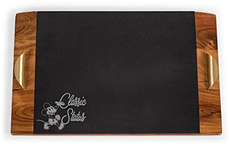 PICNIC TIME Disney Mickey Mouse Covina Acacia and Slate Serving Tray, Charcuterie Board Set, Cheese Board, (Acacia Wood & Slate Black with Gold Accents)