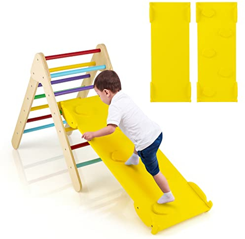 GYMAX Kids Climbing Set, Wooden Toddler Climber with Slide/Ramp, Outdoor Indoor Montessori Climbing Toys for 3 Years Old + Boys Girls (3 in 1 with Ramp)