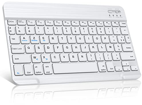 JADEMALL Clavier Bluetooth pour iPad/iPad Air/Pro/Tablette Samsung/Xiaomi Pad/Lenovo/Mac, AZERTY Français Clavier Léger Rechargeable Portables pour Système iOS, Android, Windows, Blanc