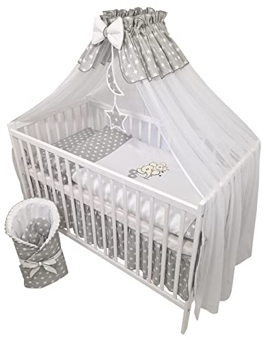 Bello24 - 11 Teiliges Kinderbettwäsche Babybettwäsche Komplettset ohne Bett Bestickt mit Elefanten Grau (100x135 cm)