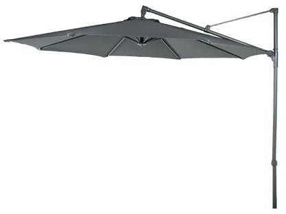 Parasol péndulo Redondo de exterior descentrado con mástil lateral 250cm de alto, Aluminio, Color Gris, Tela con gramaje 180gr, Inclinable y giratorio 360º con manivela, No incluye base de parasol.