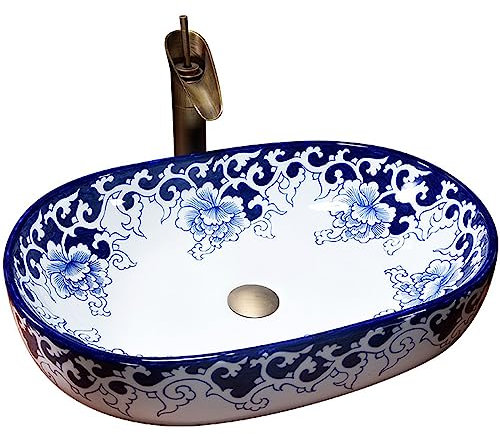 ZTGL Lavabo sobre Encimera Ovalado 59x41x14 cm Moderno Cerámica Lavabo del Arte Lavabos de Pintado a Mano Porcelana Azul y Blanca para Lavamanos Baño con Grifo y Colador de Residuos