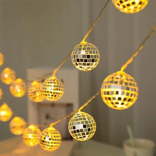 EONANT Discokugel-Lichterkette, 3 m, 20 LEDs, batteriebetrieben, für Innen- und Außenbereich, Terrasse, Party, Hof, Dekoration (Warmweiß 20LED)