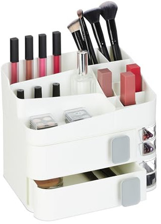 Relaxdays Organizer per Trucchi, Organizzatore Make Up con 21 Scomparti Cosmetici, in Plastica, 21,5x26x21 cm, Bianco