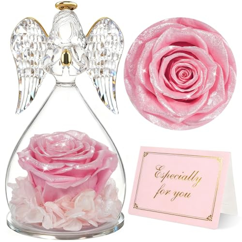 Yamonic Evig ros originalgåva för kvinnor, evig blomma med ängelfigur gåvor till mamma, present till mamma, present till födelsedag, kvinnor, mormor, rosa bevarad present till kvinnor, jul, alla
