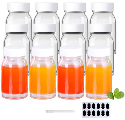 YBCPACK 12 Stück Mini Shot Flaschen zum Befüllen 80ml Kleine Glasflaschen mit Deckel, Etiketten und Stift, Ingwer Shot Gläser mit Dekel Ideal für Ingwer, Likör, schnaps und andere drinks