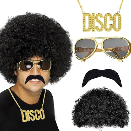 SHIQAUN 70er 80er Jahre Outfit Herren, 4 Teiliges Set, Schwarz | Wiederverwendbar, Afro Perücke Herren, Faschingskostüme Männer, Geeignet Für Cosplay, Halloween, Kostümfeste