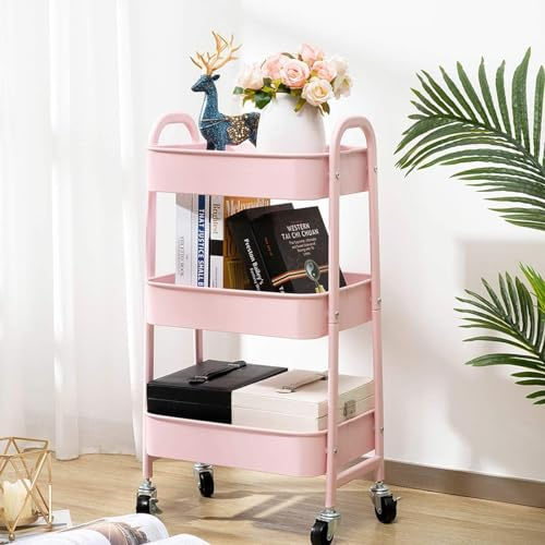 DHHOZAMZ 3-stöckiger Küchenwagen, Allzweckwagen Rollende Lagerwagen mit Griff, mit Rollen und 3 Ablagen, Multifunktional Servierwagen Roll Regal für Büro, Wohnzimmer, Küche, Rosa