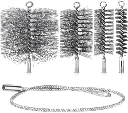 Nuenen Kit per Pulire i Tubi della Stufa Spazzole per Camini in Metallo da 30 mm 50 mm 80 mm 150 mm + Asta Flessibile in Acciaio Inossidabile da 1 m Scopa per Caldaia Accessori per Pulizia del Camino