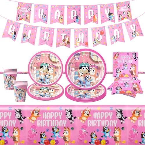 Party Tableware Set Pink Girls- 52PCS Birthday Party Decorations Dog Theme Party Supplies with Tablecloth Happy Birthday Banner Part Paper Plates Cups Napkins for Children Baby Showers Boy Part Deco