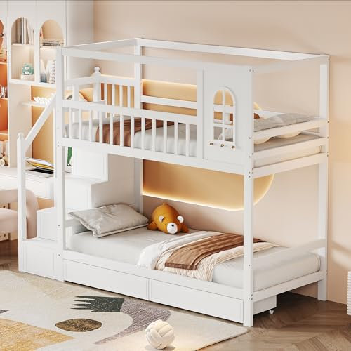 Zravenna Hochbett Kinderbett 90 * 200cm, Massivholz Etagenbett Doppelbett, Baumhausbett mit Fenstern und Sicherheitszaun, Holzbett mit schubladen und Sicherheitsleiter, weiß