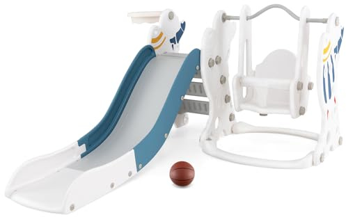 COSTWAY 4 in 1 Toddler Slide and Swing Set, Kids Climber Playset with Basketball Hoop and Ball, Children Activity Center for Indoor Outdoor