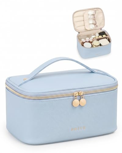 Prite Makeup Bag, Large Capacity Portable Travel Cosmetic Bag, Waterproof Makeup Organizer for Women with Handle and Divider (001 Blue)