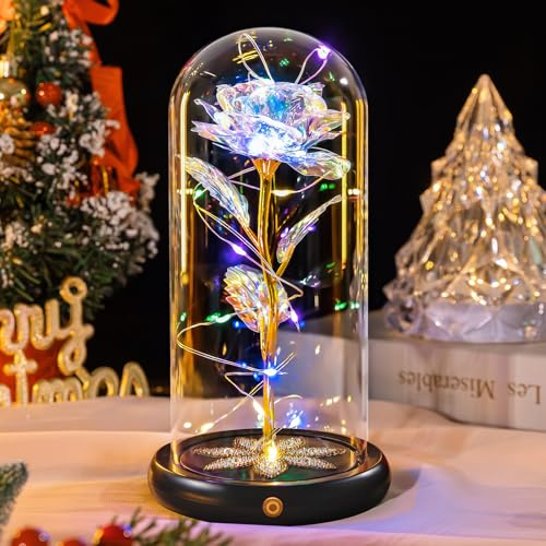 Beferr Gifts for Mum,Birthday Rechargeable Rainbow Light Up Rose in A Glass Dome, Birthday Gifts for Women Mom Wife Grandma Girlfriend,Crystal Flower Christmas Rose Gift